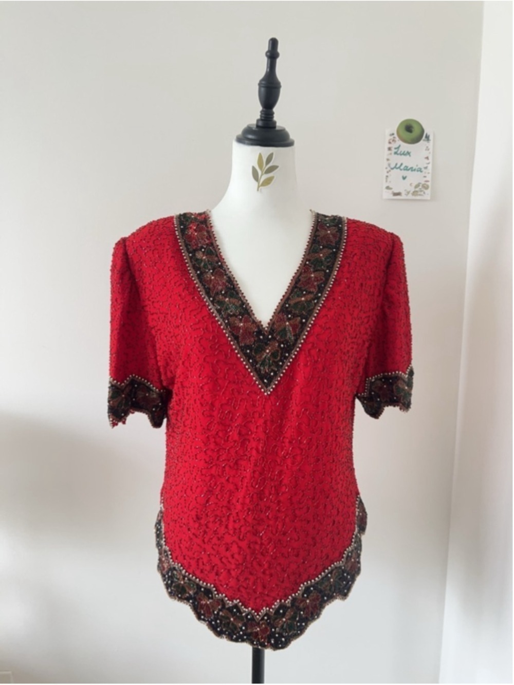 Vintage Lawrence Kazar Red Beaded Top Gold Bow Embellished V-Neck Blouse XL NWT